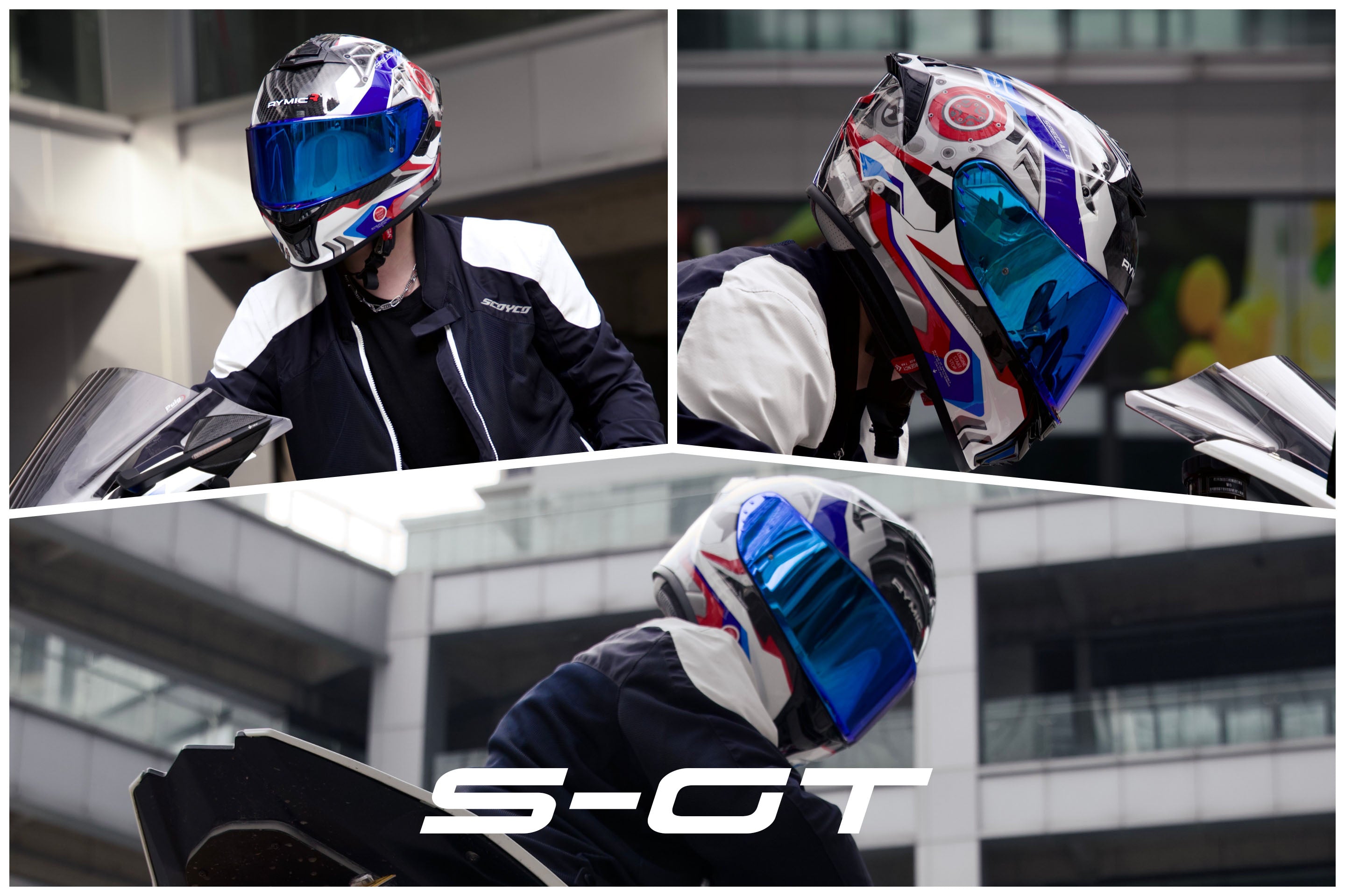A rider wearing the RYMIC S-GT blue & black full face helmet, showcasing its sleek aerodynamic profile.