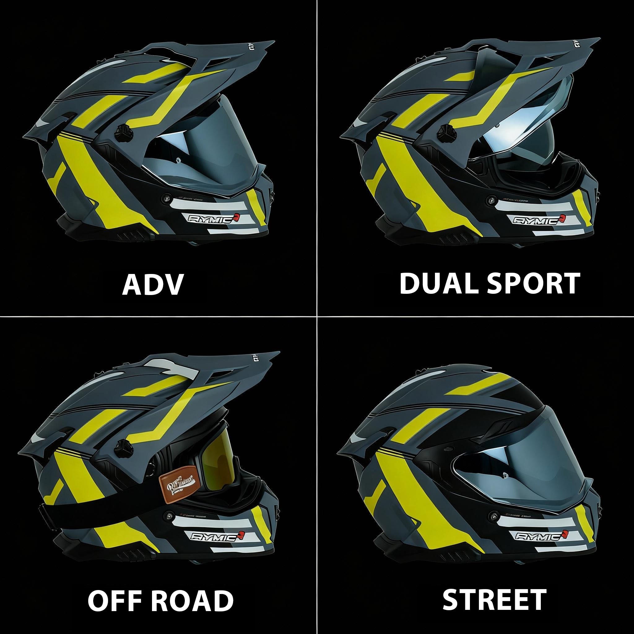 RYMIC motorcycle helmet shown in four riding mode configurations: ADV/ Dual Sport/ Off-Road/ Street.
