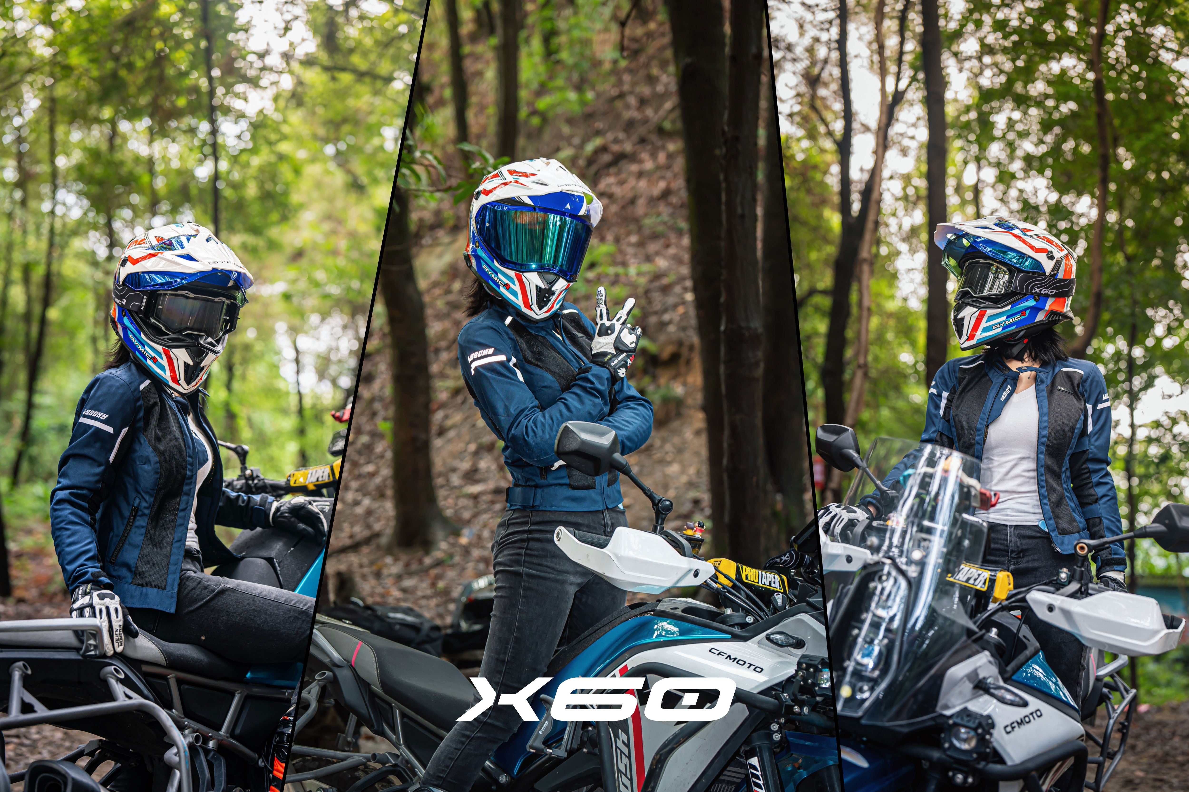 A rider wearing the RYMIC X60 dual sport helmet, showcasing its sleek aerodynamic profile.