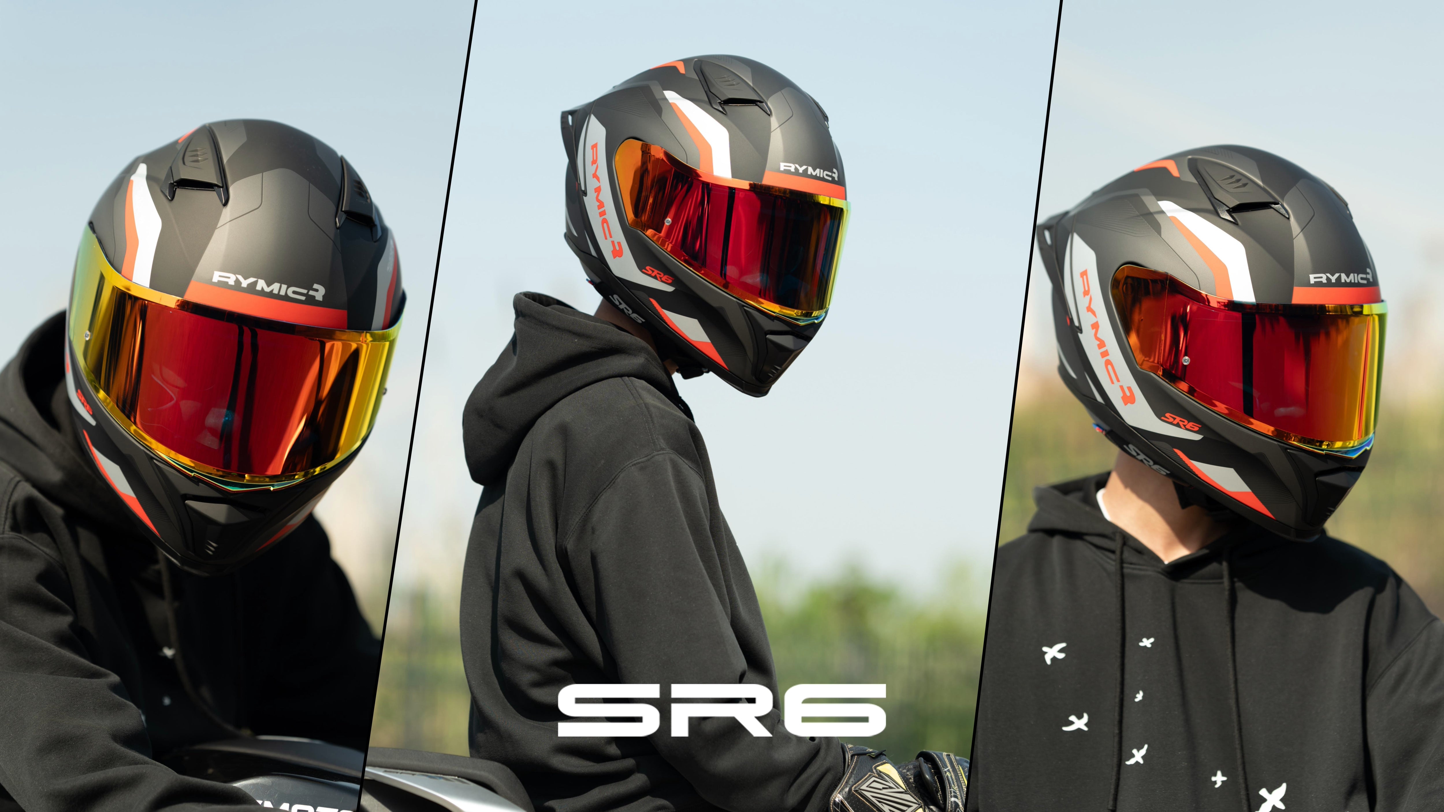 A rider wearing the RYMIC sr6 black & red full face helmet, showcasing its sleek aerodynamic profile.
