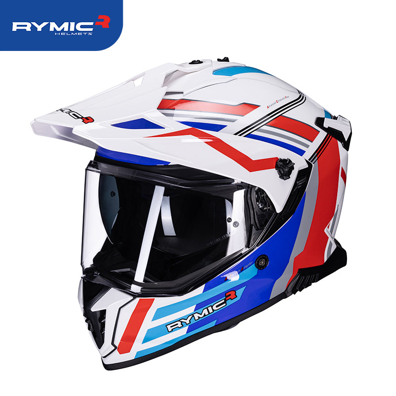 Three-quarter view of the x60 vermilion cobalt dual sport motorcycle helmet.