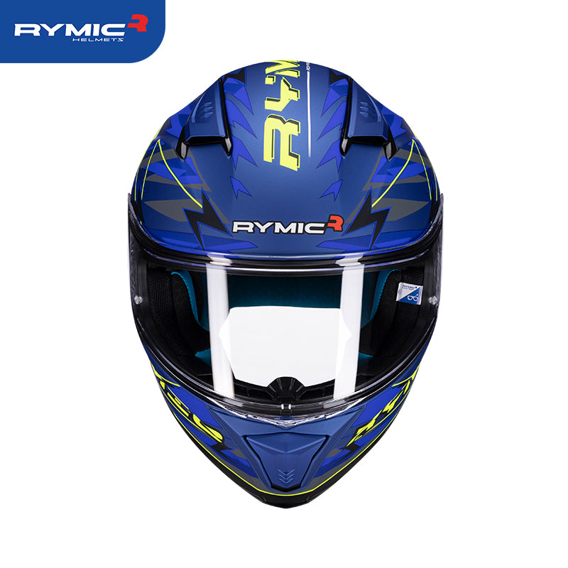 RYMIC sr6 full face motorcycle helmet blue yellow, front view.