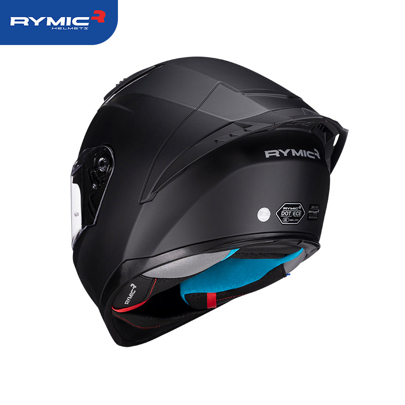 Rear view of the RYMIC sr6 helmet featuring an integrated spoiler and DOT certification.