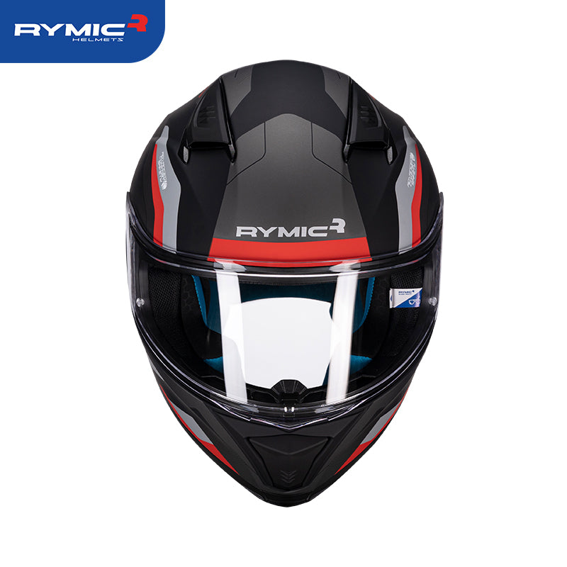 RYMIC sr6 full face motorcycle helmet red & black rush, front view.