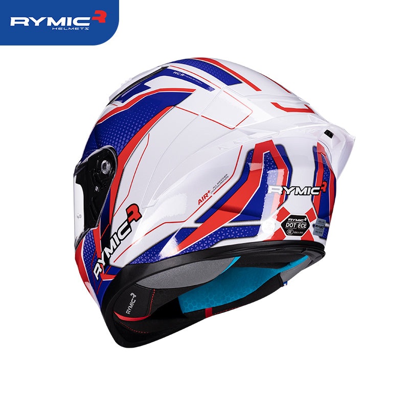 Rear view of the RYMIC sr6 helmet featuring an integrated spoiler and DOT certification.