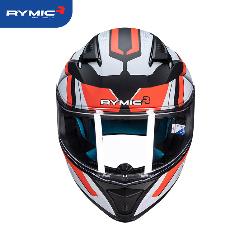RYMIC sr6 full face motorcycle helmet red & gray rush, front view.
