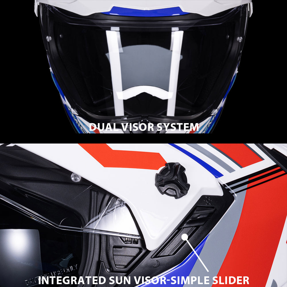 Demonstration of the RYMIC X60 helmet's dual-visor system, switching between clear and smoked visors.