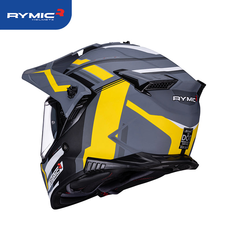 Rear view of the RYMIC x60 dual sport helmet featuring an integrated spoiler and DOT ECE certification.