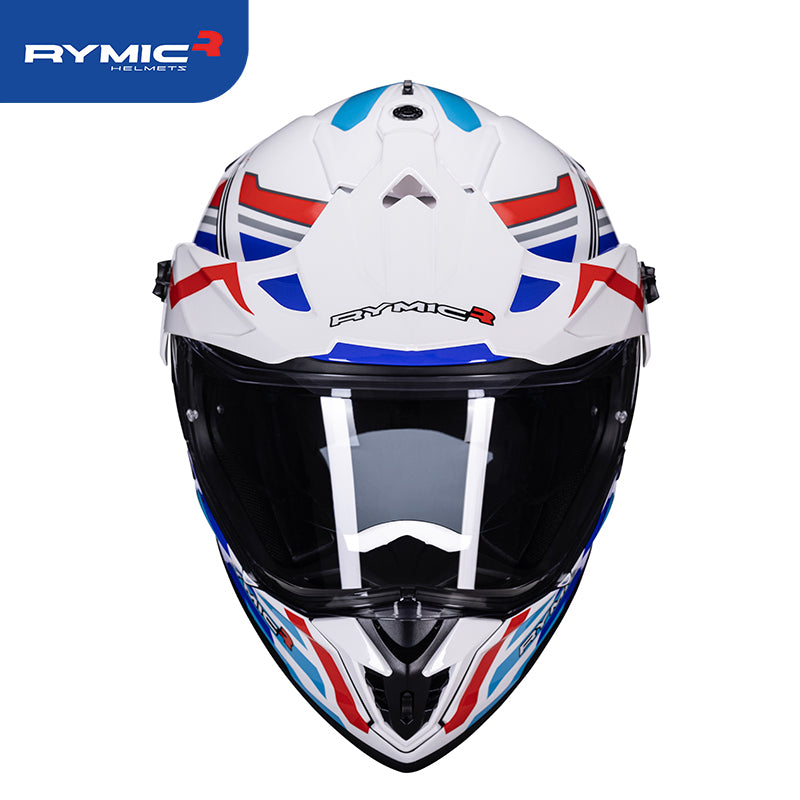 RYMIC sr6 dual sport motorcycle helmet vermilion & cobalt pathfinder, front view.