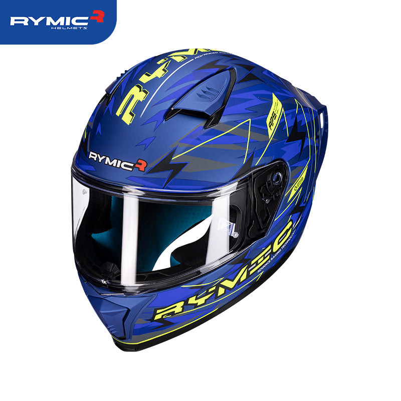 Three-quarter view of the SR6 blue yellow motorcycle helmet, highlighting its sporty graphics.