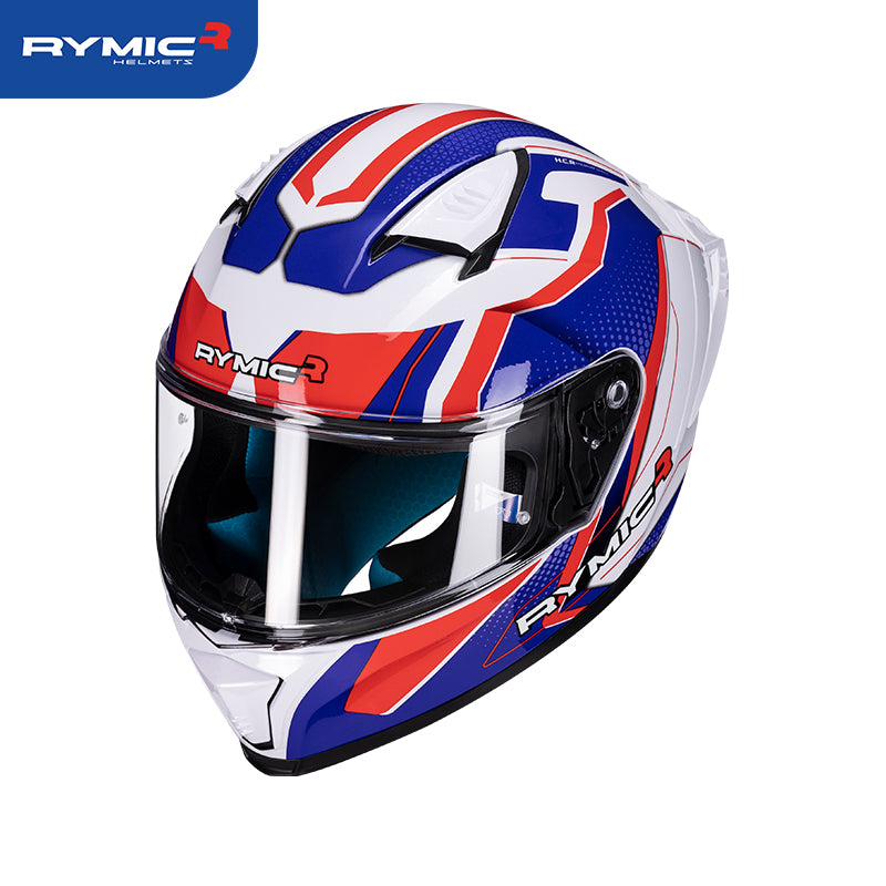 Three-quarter view of the SR6 red blue motorcycle helmet, highlighting its sporty graphics.