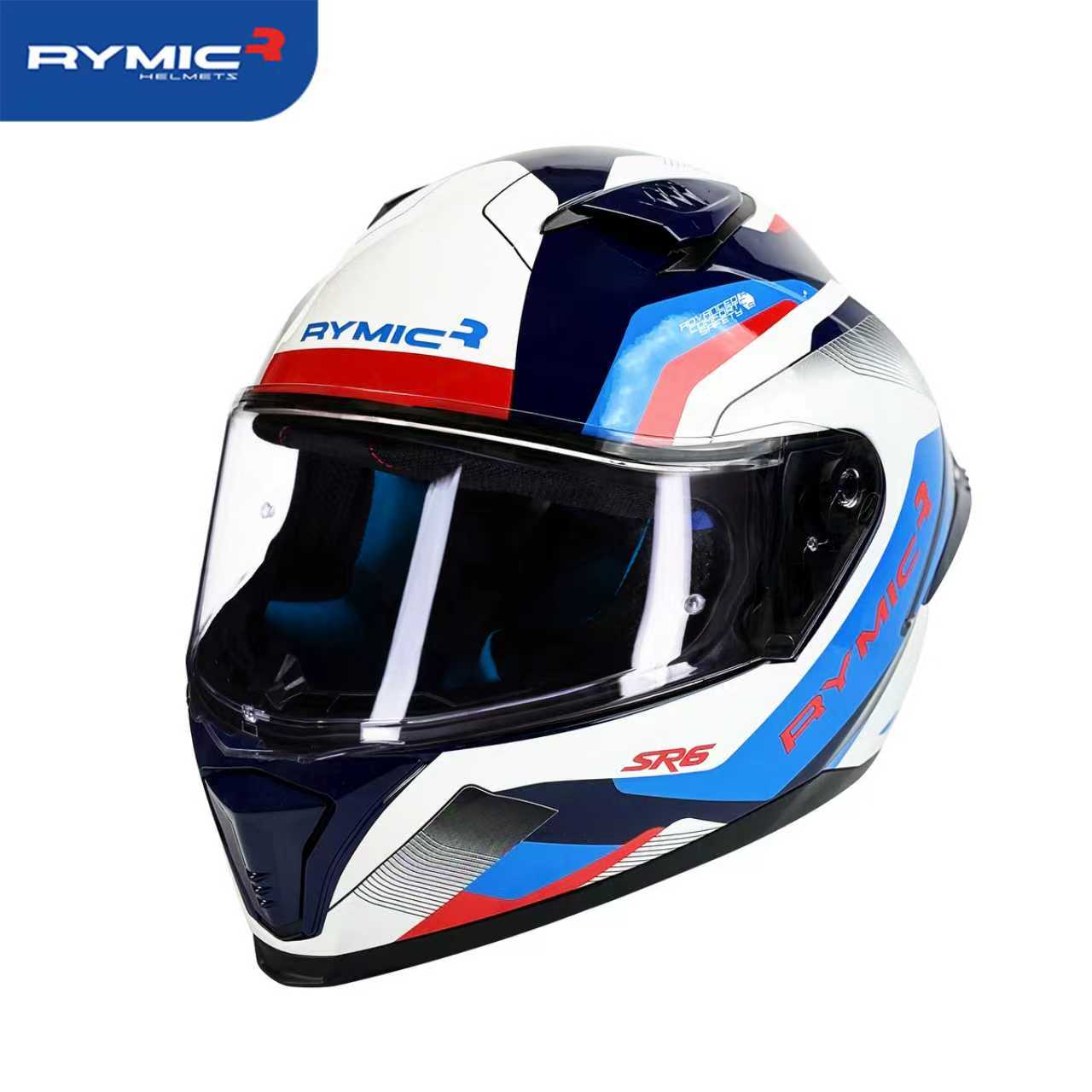 Three-quarter view of the SR6 white blue motorcycle helmet, highlighting its sporty graphics.