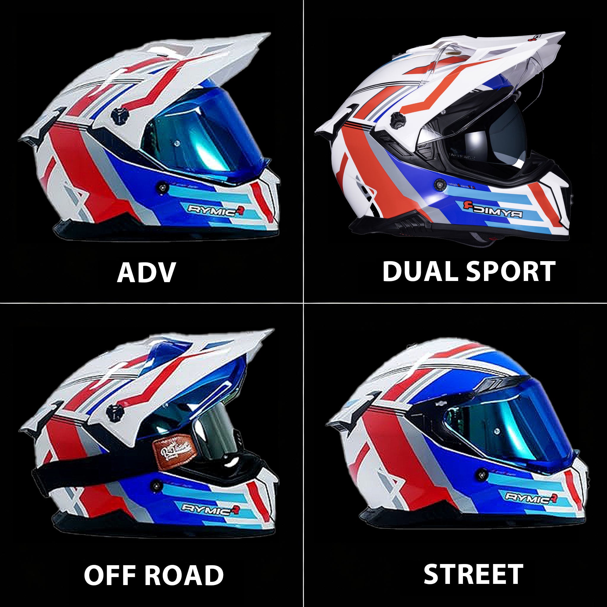RYMIC motorcycle helmet shown in four riding mode configurations: ADV/ Dual Sport/ Off-Road/ Street.