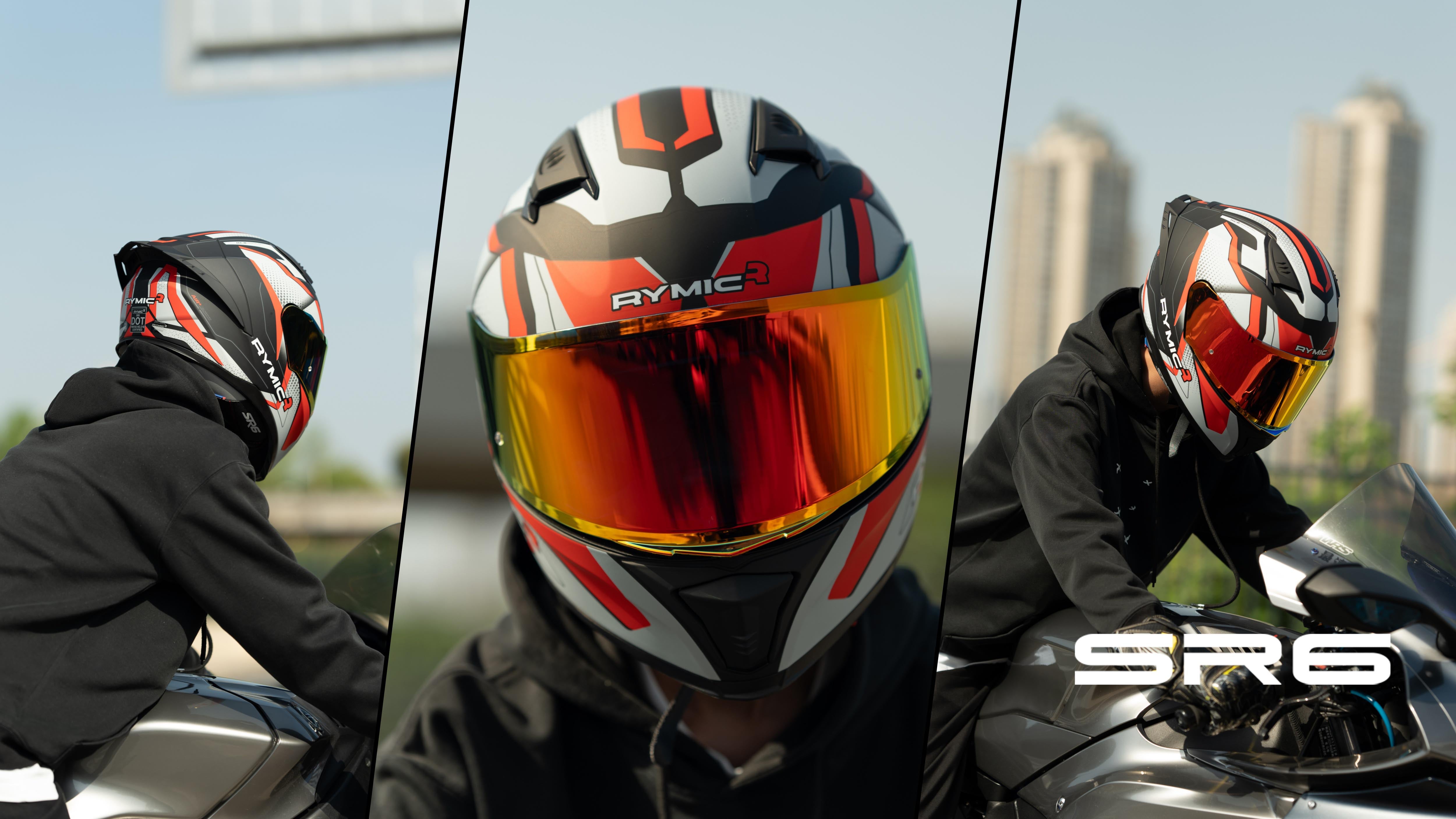 A rider wearing the RYMIC sr6 gray & red full face helmet, showcasing its sleek aerodynamic profile.
