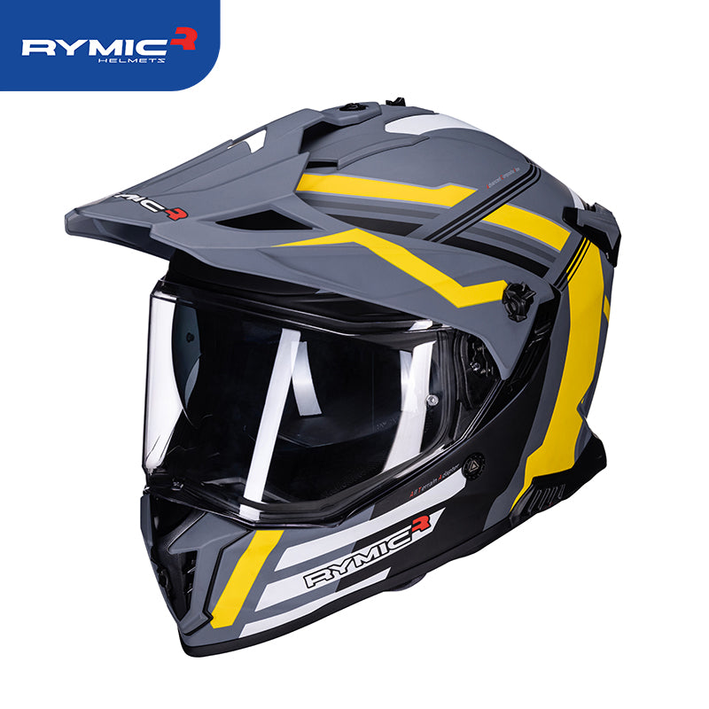 Three-quarter view of the x60 onyx gold dual sport motorcycle helmet.