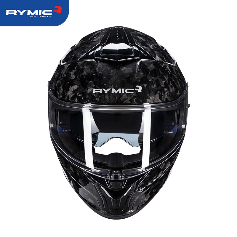 RYMIC S-GT full face motorcycle helmet with mirror-forged grain carbon fiber shell, front view.