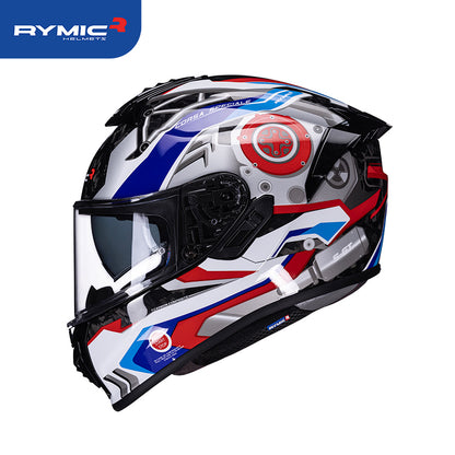 Sleek aerodynamic side profile of the RYMIC S-GT carbon fiber motorcycle helmet.