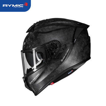 Sleek aerodynamic side profile of the RYMIC S-GT carbon fiber motorcycle helmet.