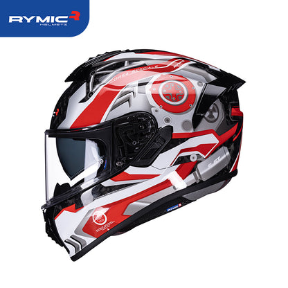 Sleek aerodynamic side profile of the RYMIC S-GT carbon fiber motorcycle helmet.