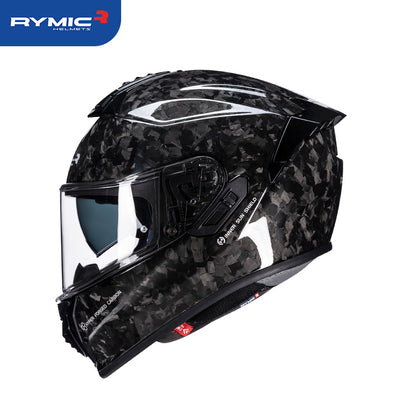 Sleek aerodynamic side profile of the RYMIC S-GT carbon fiber motorcycle helmet.