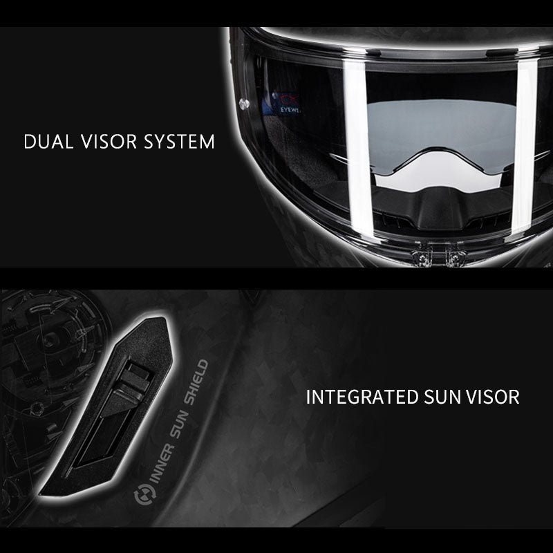 Demonstration of the RYMIC S-GT helmet's dual-visor system, switching between clear and smoked visors.
