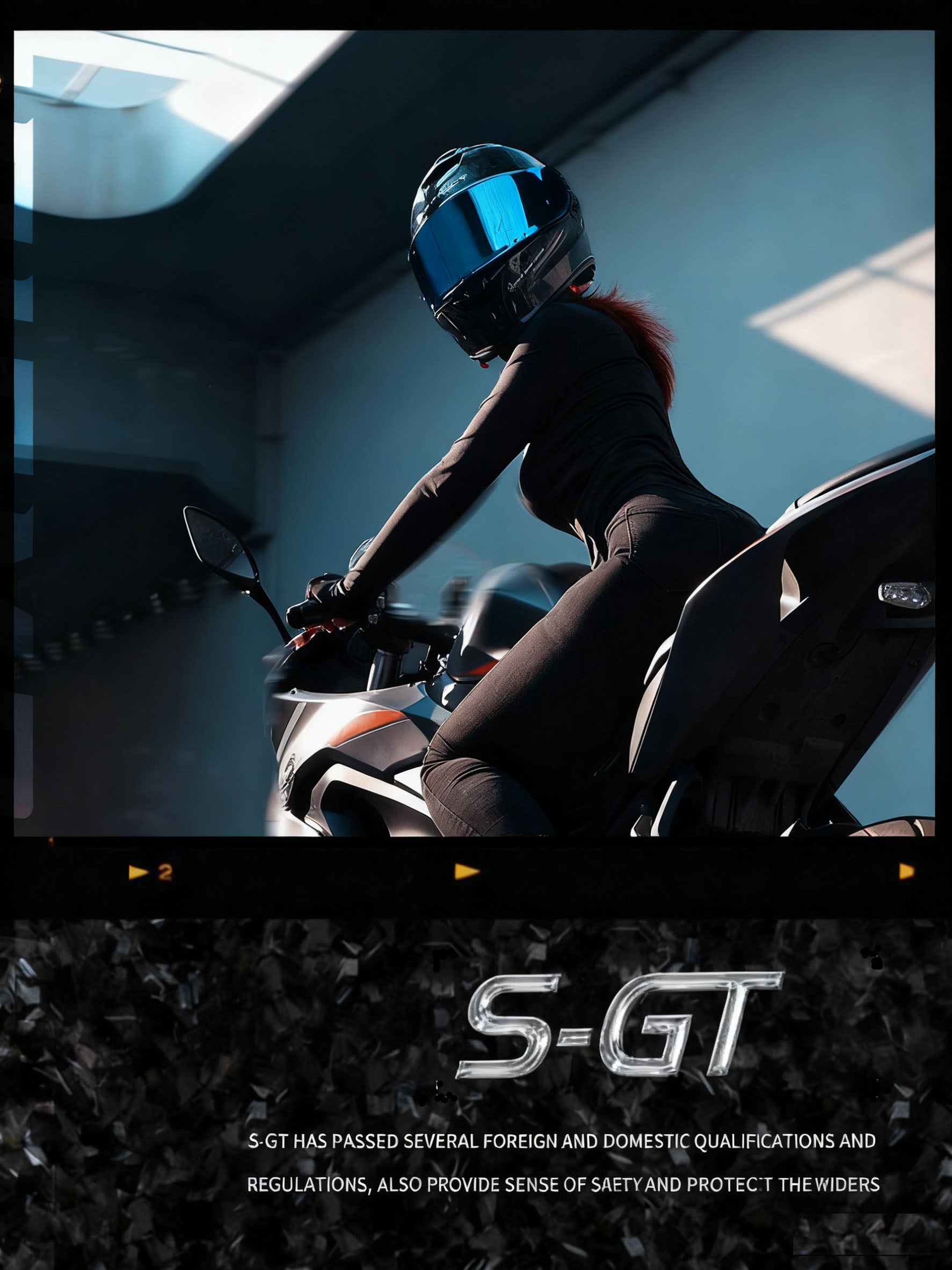 Side profile of a rider wearing the RYMIC S-GT full face carbon fiber helmet on a sport bike.