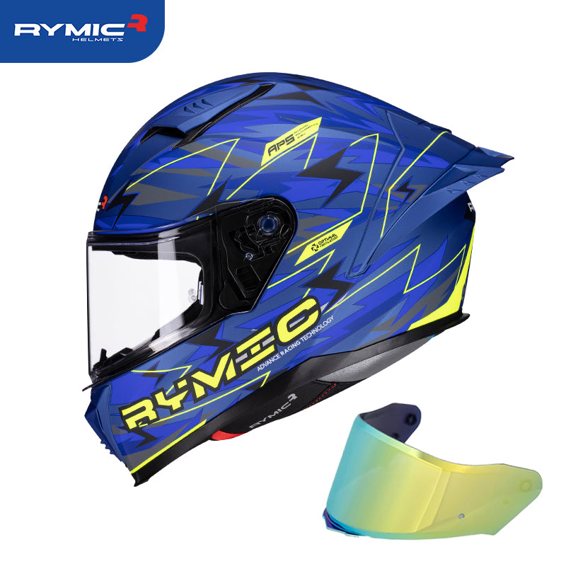 Sleek aerodynamic side profile of the RYMIC sr6 full face motorcycle helmet blue-yellow lightning.