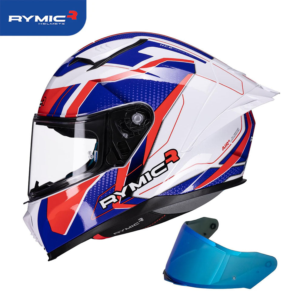 Sleek aerodynamic side profile of the RYMIC sr6 full face motorcycle helmet red & blue rebellion.