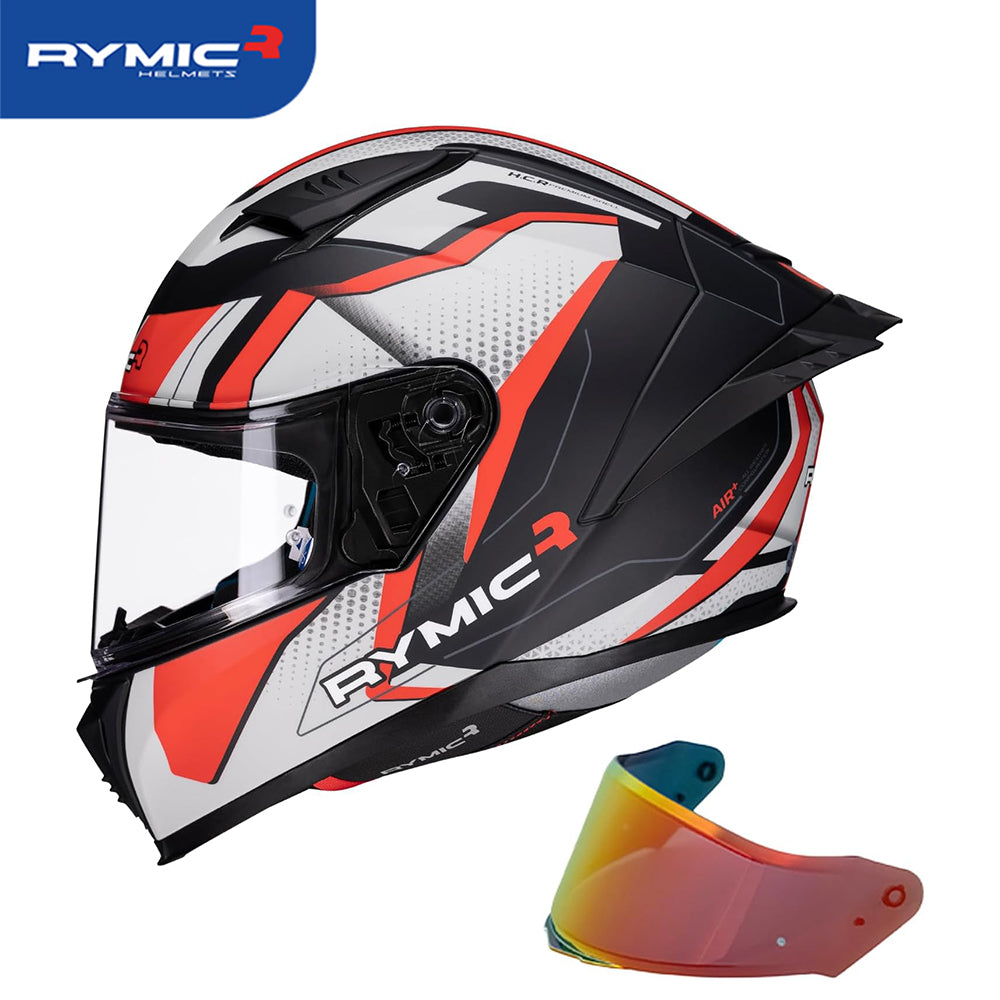 Sleek aerodynamic side profile of the RYMIC sr6 full face motorcycle helmet red & gray rush.