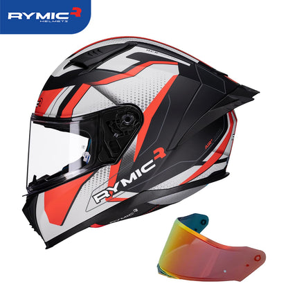 Sleek aerodynamic side profile of the RYMIC sr6 full face motorcycle helmet red & gray rush.