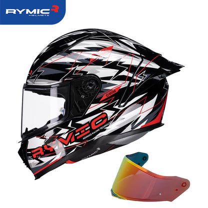 Sleek aerodynamic side profile of the RYMIC sr6 full face motorcycle helmet white black lightning.