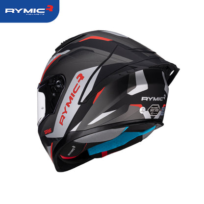 Rear view of the RYMIC sr6 helmet featuring an integrated spoiler and DOT certification.