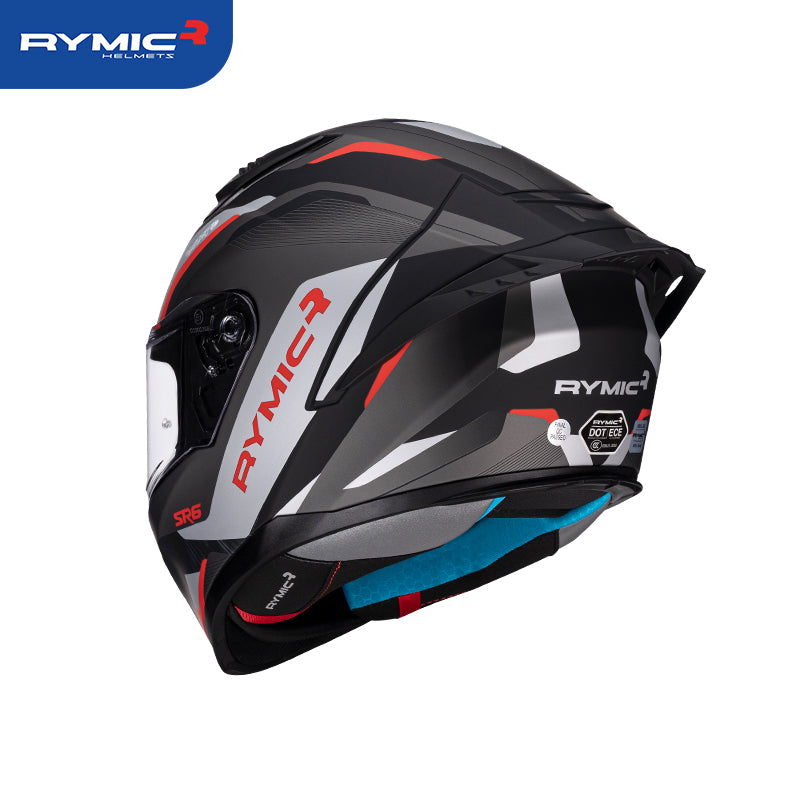 Rear view of the RYMIC sr6 helmet featuring an integrated spoiler and DOT certification.