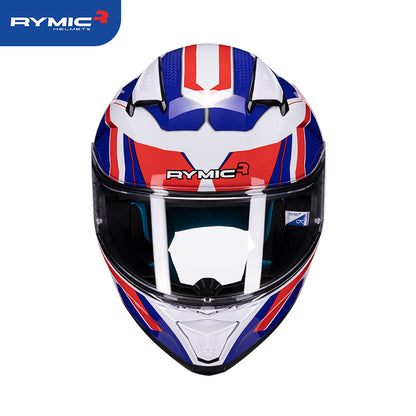 RYMIC sr6 full face motorcycle helmet red & blue rush, front view.