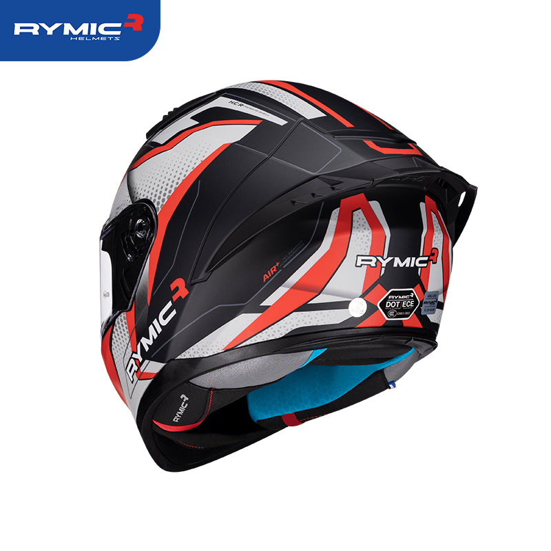 Rear view of the RYMIC sr6 helmet featuring an integrated spoiler and DOT certification.