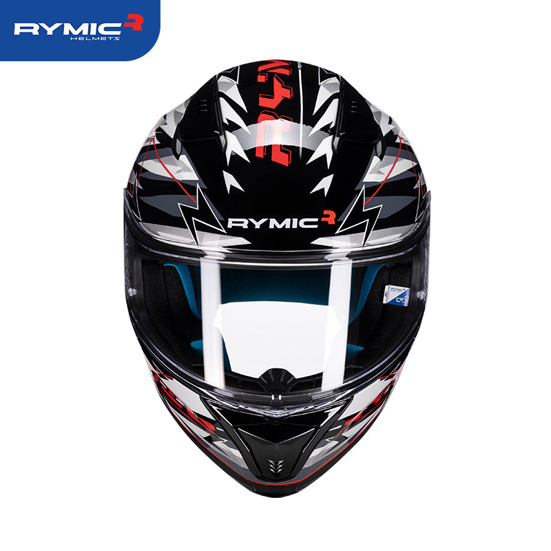 RYMIC sr6 full face motorcycle helmet white black, front view.