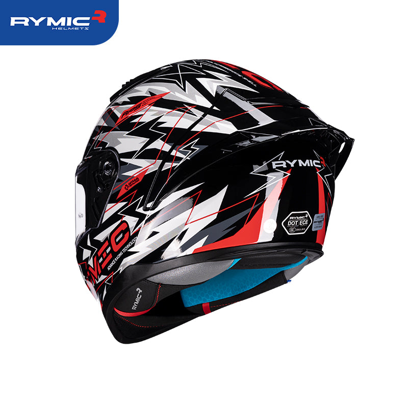 Rear view of the RYMIC sr6 helmet featuring an integrated spoiler and DOT certification.