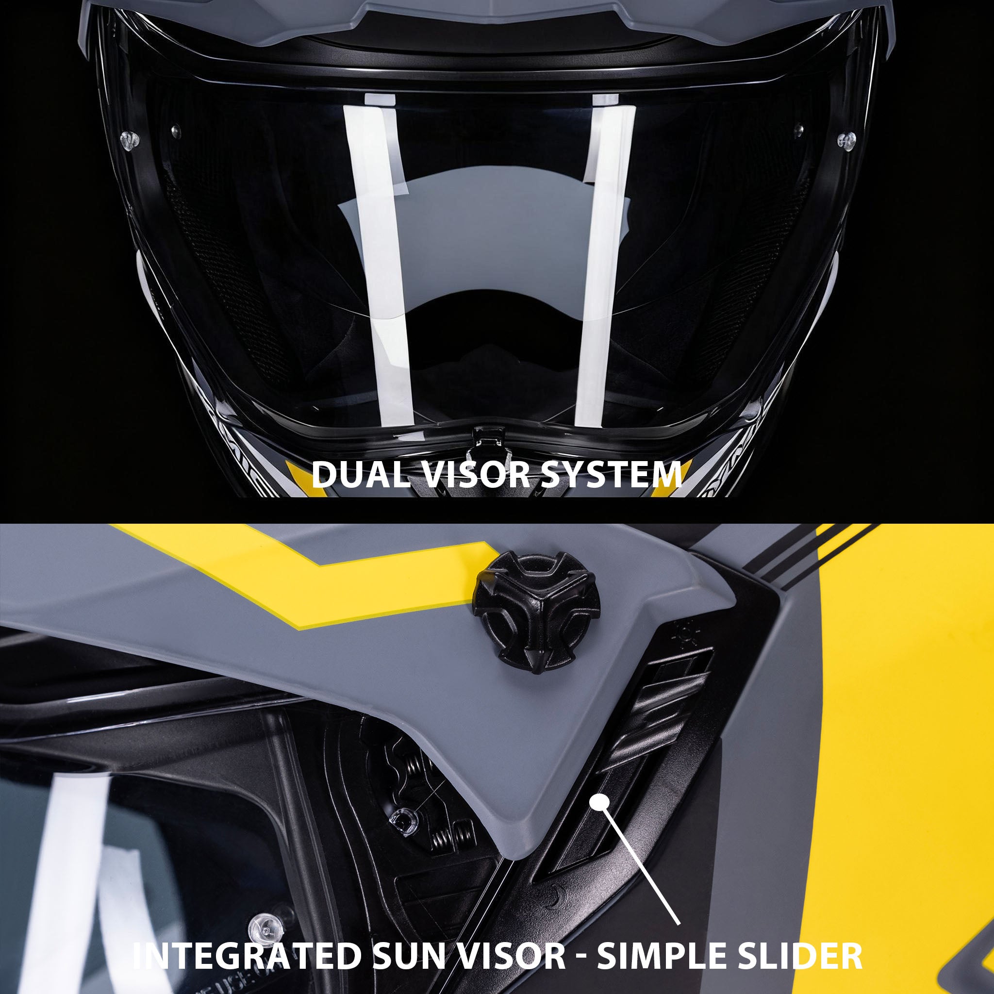 Demonstration of the RYMIC X60 helmet's dual-visor system, switching between clear and smoked visors.