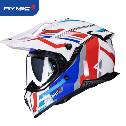 Sleek aerodynamic side profile of the RYMIC x60 dual sport motorcycle helmet vermilion & cobalt.