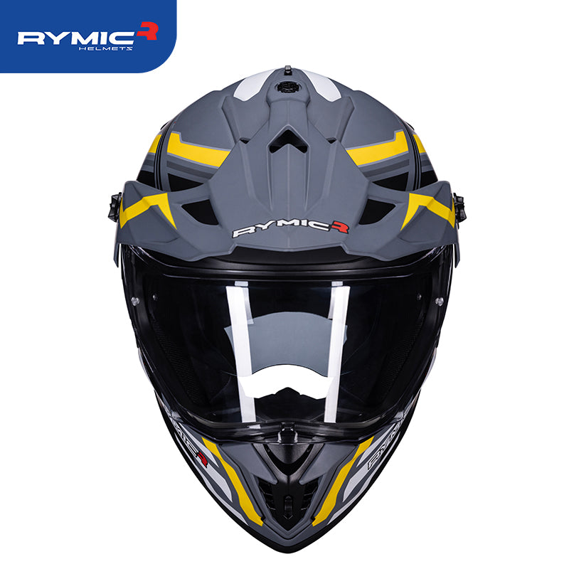 RYMIC sr6 dual sport motorcycle helmet onyx & gold pathfinder, front view.