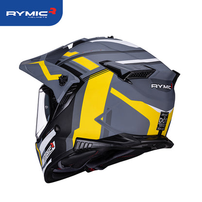 Rear view of the RYMIC x60 dual sport helmet featuring an integrated spoiler and DOT ECE certification.