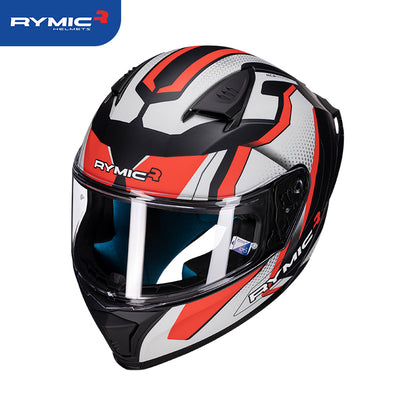 Three-quarter view of the SR6 red gray motorcycle helmet, highlighting its sporty graphics.