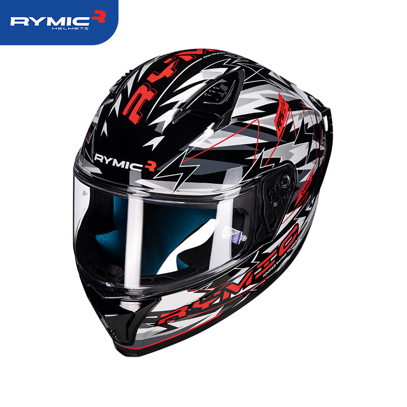 Three-quarter view of the SR6 white black motorcycle helmet, highlighting its sporty graphics.
