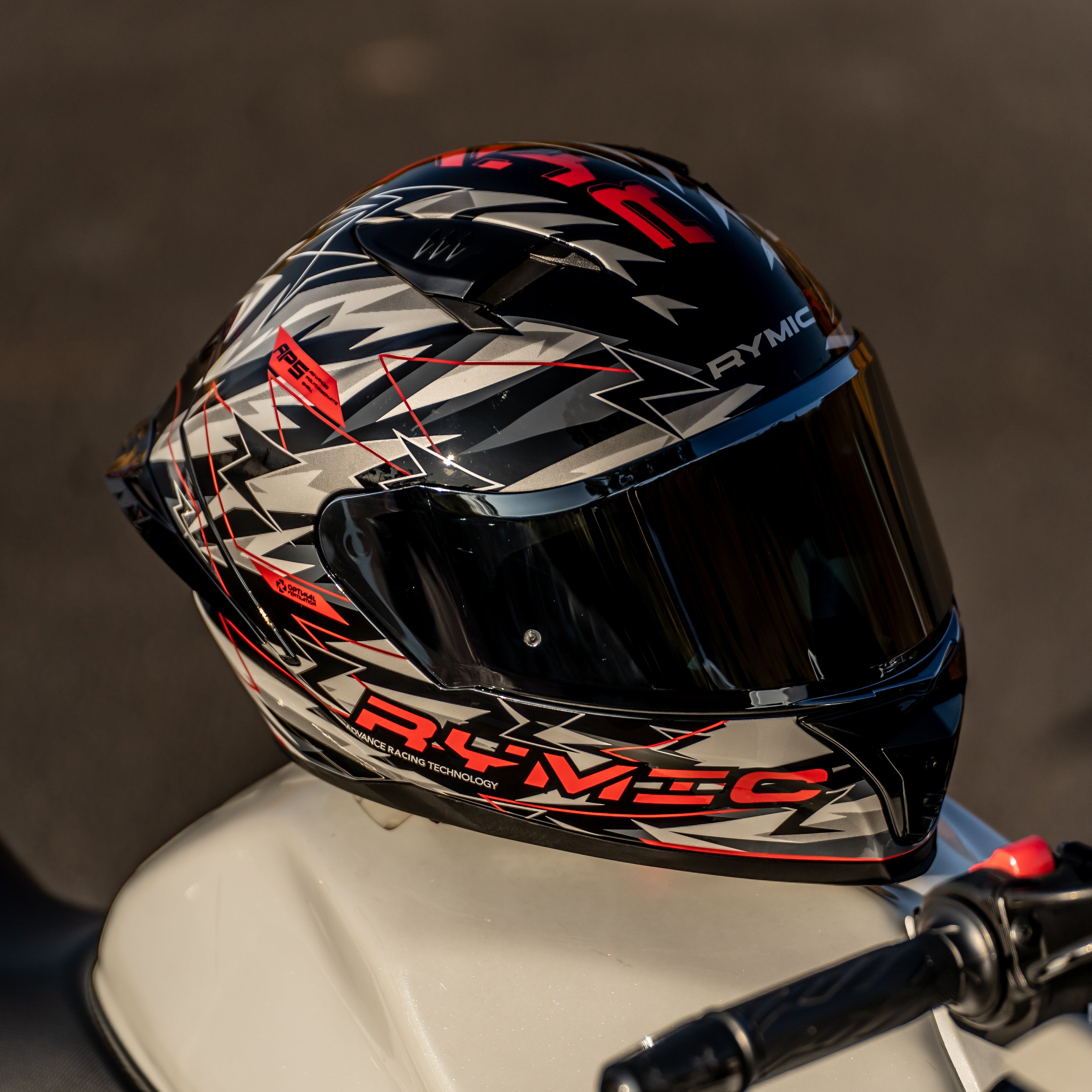 sr6 white black full face helmet on a sport bike.